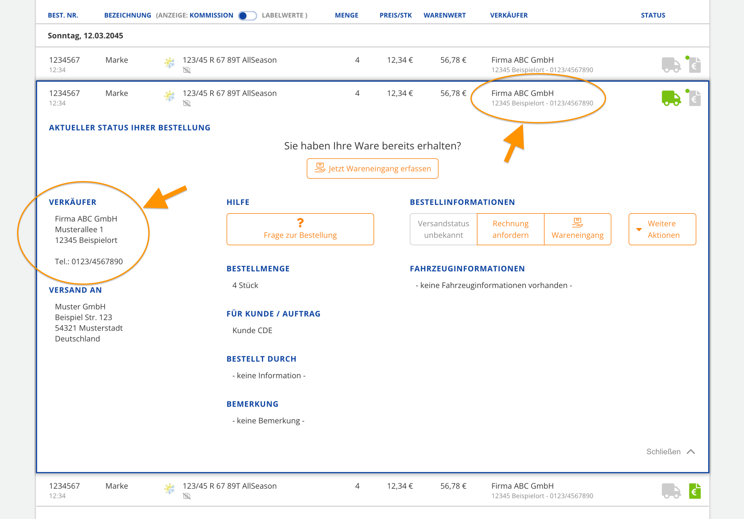 Screenshot zeigt eine Liste an Bestellungen und die Bestelltdetails, Kreise und Pfeile betonen den Ort der Kontaktdaten des Verkäufers.
                             Links in den Details im Block 'Verkäufer', sowie in der Spalte Verkäufer der Liste der Käufe